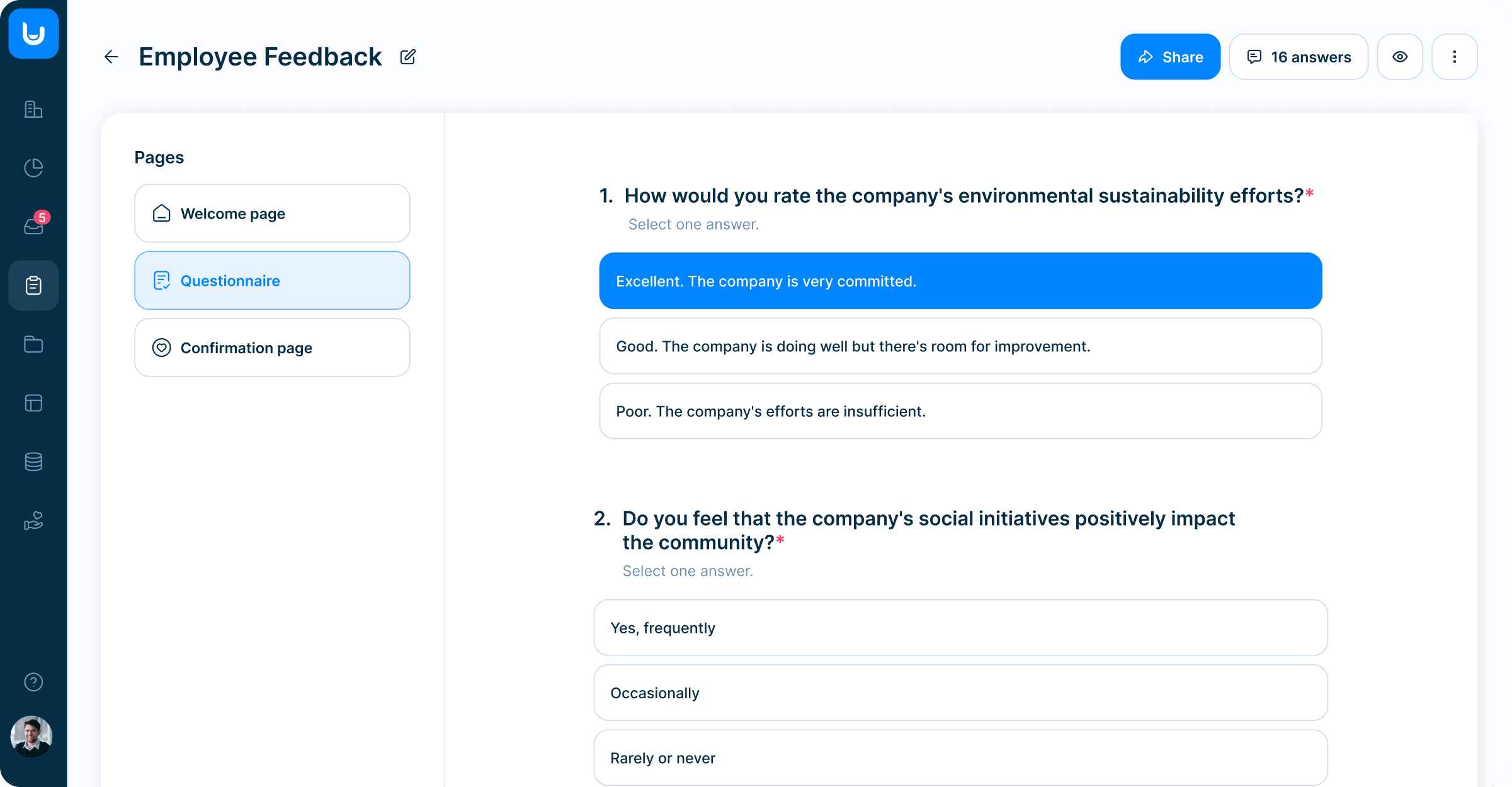 Screenshot from Faceup app showing example of Employee survey