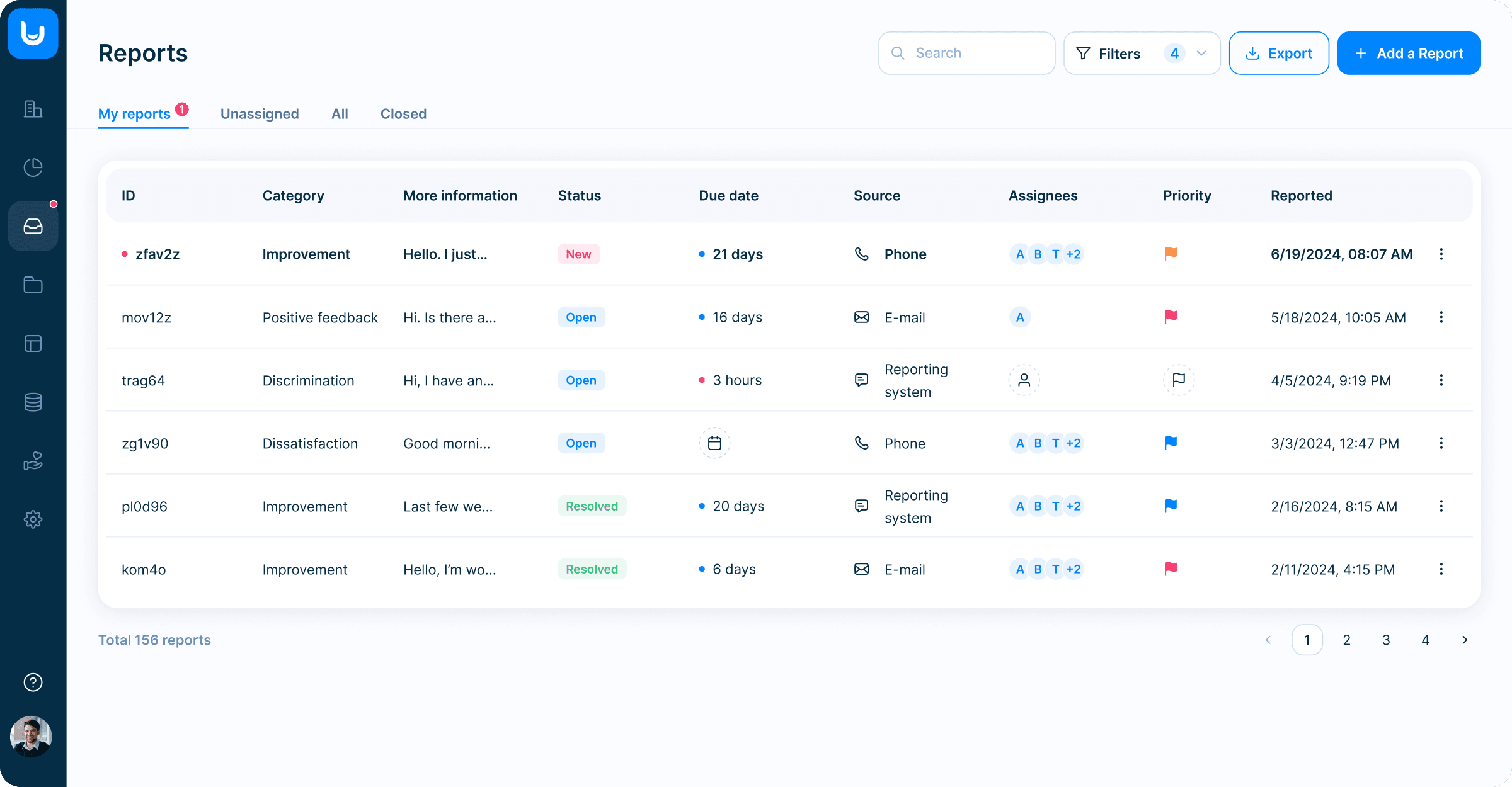 Screenshot from Faceup app showing list of reports